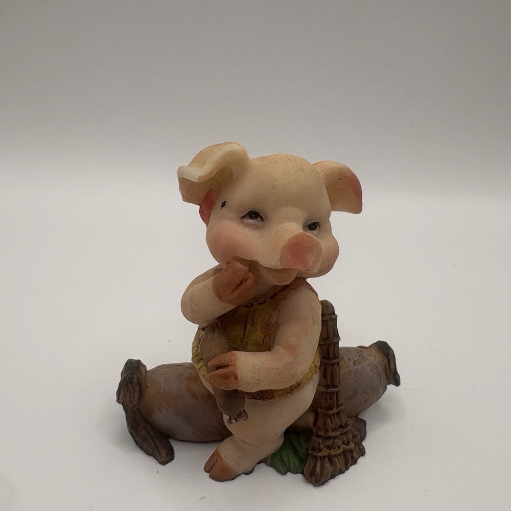 Anthropomorphic Smiling Pig On Log Figurine